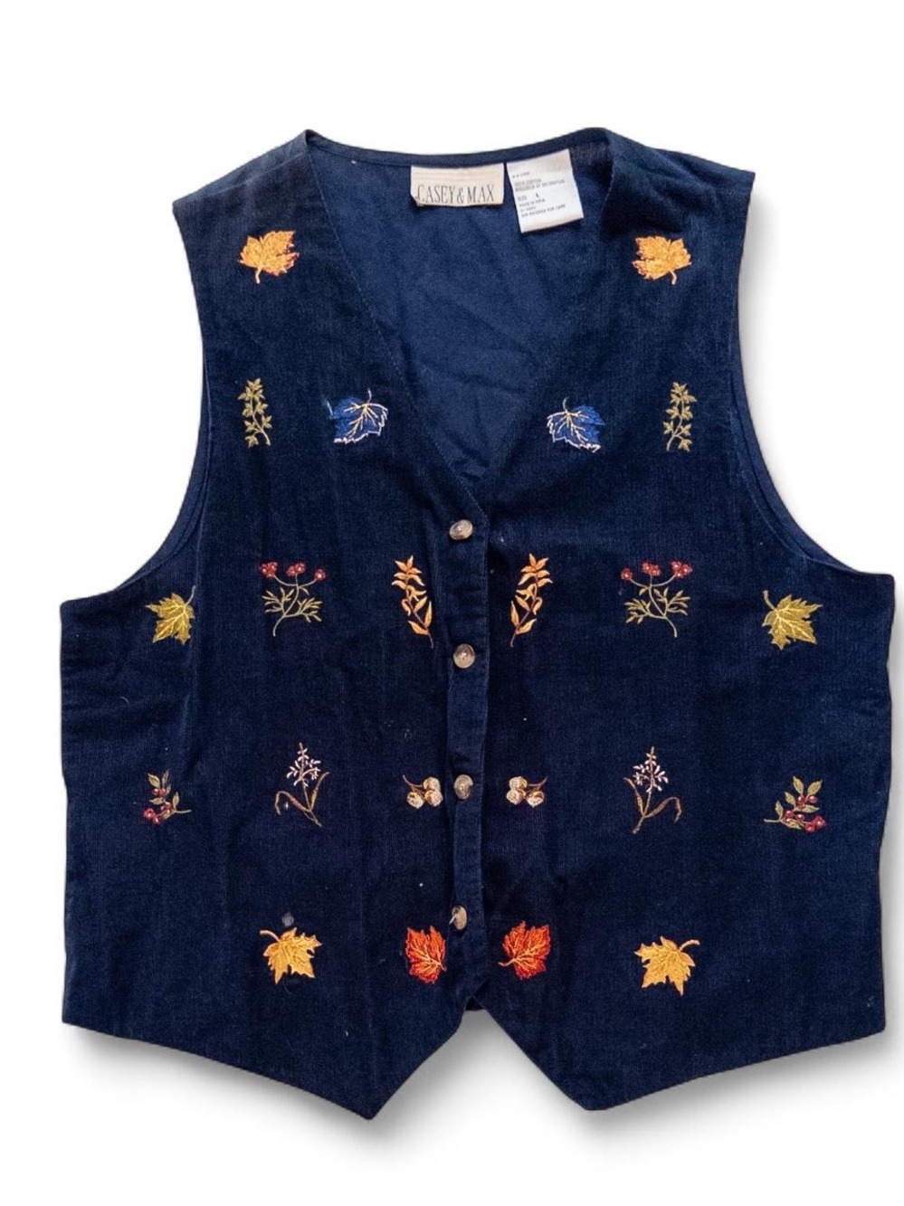 Vintage 90s Casey & Max Navy Vest Fall Leaf Embroidered Cotton L